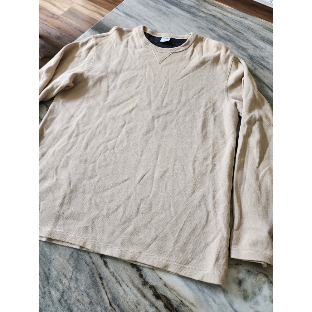 VTG Y2K Old Navy Mens XL Tan Waffle Knit Thermal Long Sleeve Crew Neck Shirt